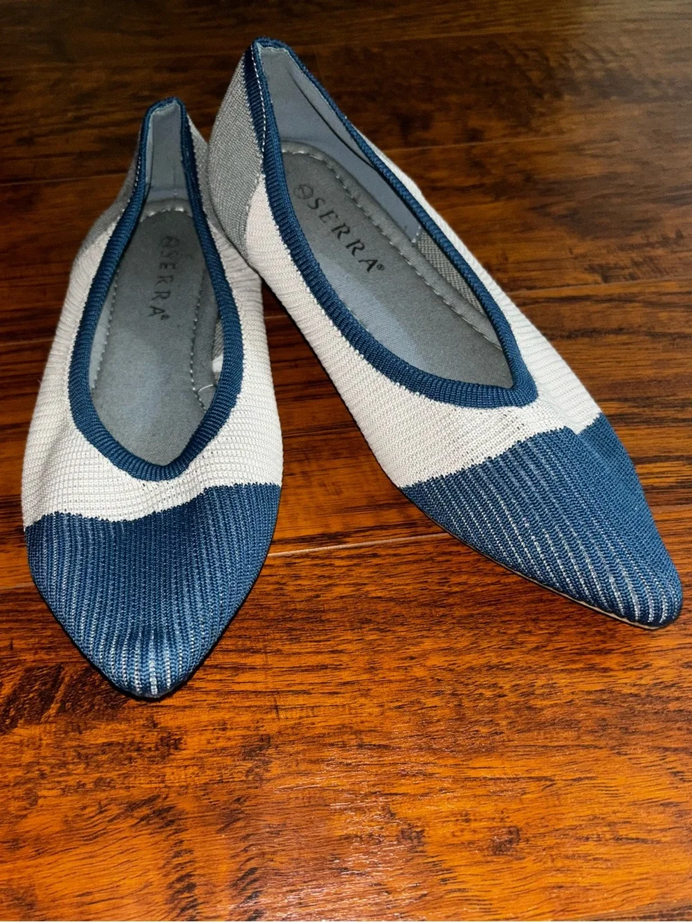 SERRA Knit Pointed Toe Ballet Flats Two-Tone Colorblock Blue Gray White Slip-Ons